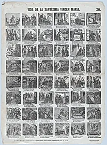 Broadside with 48 scenes of the life of the Virgin
