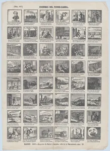 Broadside with 48 scenes of trains and their passengers etc