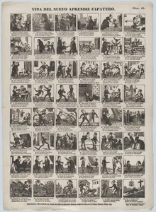 Broadside with 48 scenes relating to life of the apprentice shoemaker