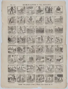 Broadside with 48 scenes relating to the giant and the dwarf