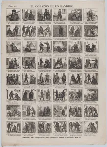 Broadside with 48 scenes relating to the heart of the bandit