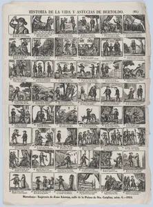 Broadside with 48 scenes relating to the life and cunning of the peasant Bertoldo