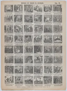 Broadside with 48 scenes relating to the life hunchback