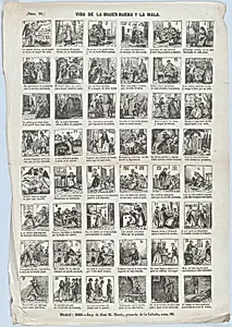 Broadside with 48 scenes relating to the life of a Good Woman (24 upper scenes) and the life of a Bad Woman (24 lower scenes) by José María Marés