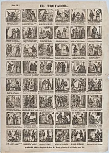 Broadside with 48 scenes relating to the life of a troubadour by José María Marés