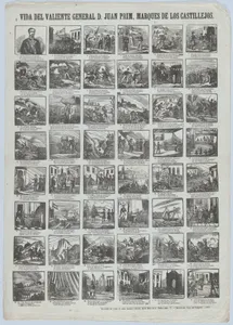 Broadside with 48 scenes relating to the life of General Juan Prim y Prats, 1st Marquis of Los Castillejos