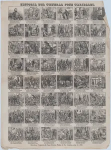 Broadside with 48 scenes relating to the life of Giuseppe Garibaldi