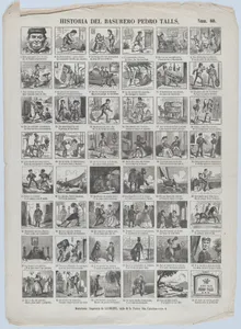 Broadside with 48 scenes relating to the life of the garbage man (trash man) Pedro Talls