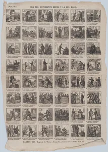 Broadside with 48 scenes relating to the lives of the good student and the bad student