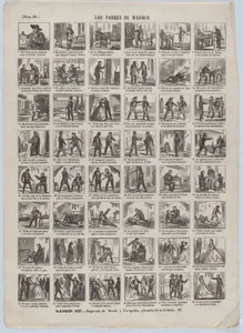 Broadside with 48 scenes relating to the poor people of Madrid