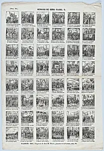 Broadside with 48 scenes relating to the reign of Queen Isabel II by José Noguera|José María Marés