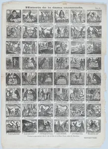 Broadside with 48 scenes relating to the story of the enchanted lady (Dama encantada)