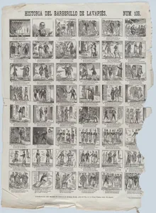 Broadside with 48 scenes relating to the zarzuela barberillo of Lavapiés