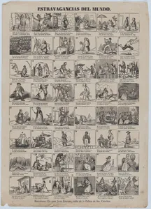 Broadside with 48 scenes showing extravagances of the world