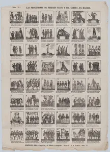 Broadside with 48 scenes showing the holy Friday procession in Madrid