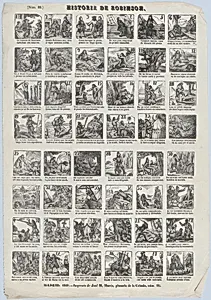 Broadside with 48 scenes showing the life of Robinson Caruso by José María Marés