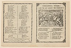 Broadside with verses regarding the military leader Macario Romero, who is shown on horseback riding alongside Indians by Antonio Vanegas Arroyo|José Guadalupe Posada