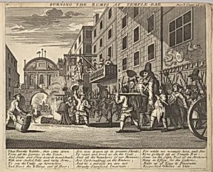 Burning the Rumps at Temple Bar (Plate 11: Illustrations to Samuel Butler's Hudibras) by William Hogarth|Henry Overton and J. Hoole|Samuel Butler