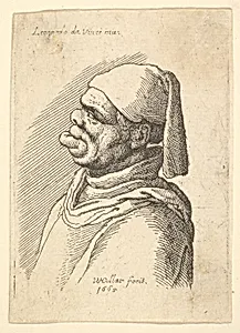 Bust of a deformed man with a hat and a fat, protruding lower lip in profile to left by Leonardo da Vinci|Wenceslaus Hollar