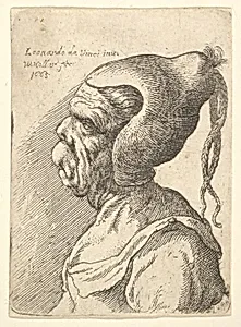 Bust of a deformed woman with conical hat and two dangling plaits in profile to left by Leonardo da Vinci|Wenceslaus Hollar