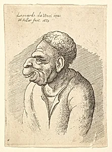 Bust of a man with hooked nose, prominent upper lip, open mouth and thick, short curly hair resembling wig in profile to left by Leonardo da Vinci|Wenceslaus Hollar