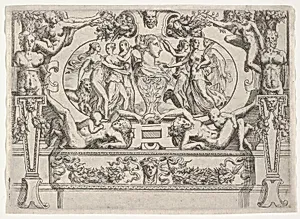 Bust of a woman flanked by three women on each side, set within an elaborate frame by Battista Angolo del Moro|Andrea Schiavone (Andrea Meldola)|Jacques Androuet Du Cerceau