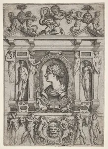 Bust of a woman in profile facing left, set in an elaborate frame with figures in niches at left and right