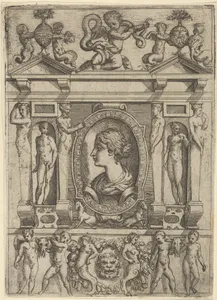 Bust of a woman in profile facing left, set in an elaborate frame with figures in niches