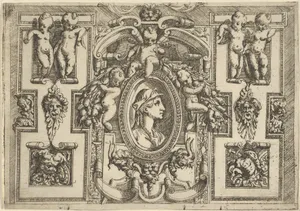 Bust of a woman in profile facing right, set within an elaborate frame with putti