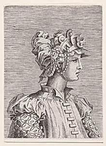 Bust of a Woman Wearing a Fantastic Head-dress and Mask by René Boyvin|Rosso Fiorentino