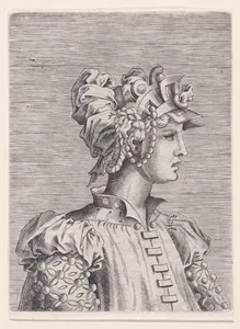 Bust of a Woman Wearing a Fantastic Head-dress and Mask
