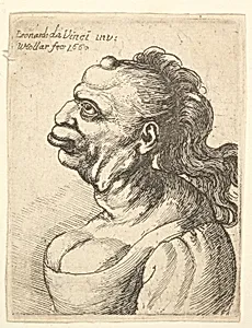 Bust of a woman wearing low-cut dress, with protruding lipd, growth on her forehead, prominent breast, long flowing hair down her back, in profile to left. by Leonardo da Vinci|Wenceslaus Hollar