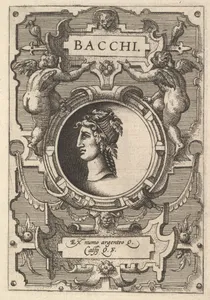 Bust of Bacchus surrounded by strapwork, from the series' Deorum dearumque,' a set of images of deities after coins in the collection of Abraham Ortelius