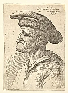 Bust of elderly man with nose that meets his lower lip, wearing wide flat cap in profile to left by Leonardo da Vinci|Wenceslaus Hollar