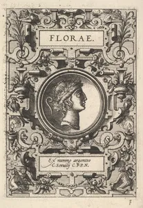 Bust of Florae surrounded by strapwork, from the series 'Deorum dearumque,' a set of images of deities after coins in the collection of Abraham Ortelius