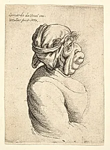 Bust of woman with protruding mouth wearing low-cut dress and cloth bound around her head, in profile to right by Leonardo da Vinci|Wenceslaus Hollar