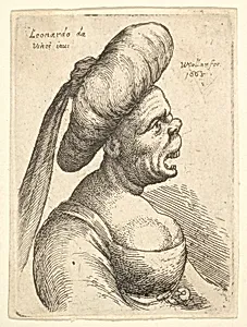 Bust of woman with wide open mouth and up-turned nose, wearing large flat turban with cloth hanging down behind in profile to right by Leonardo da Vinci|Wenceslaus Hollar