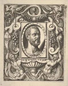 Bust portrait of Cosimo I de' Medici, in an oval frame set within a rectangular plaque, surrounded by fantastical ornament
