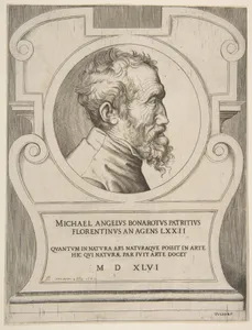 Bust portrait of Michelangelo facing right, set within a cartouche