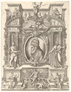 Bust portrait of Pope Pius V in profile facing left set within an elaborate architectural structure upon which sit allegorical figures including Faith, Charity and Religion above and Justice and Prudence below who flank St Michael