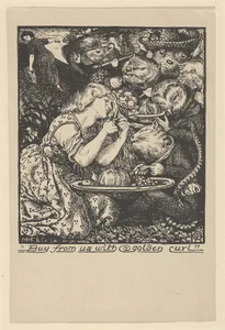 Buy from Us with a Golden Curl (frontispiece to "Goblin Market and other Poems" by Christina Rossetti)