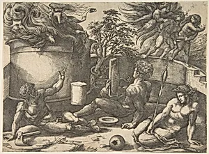 Cain holding a mirror watching his sacrifice engulfed in flames, Adam and Eve seated nearby; in the upper right an angel expelling them from Paradise by Giulio Bonasone|Agostino Veneziano (Agostino dei Musi)|Amico Aspertini