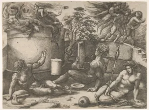 Cain holding a mirror watching his sacrifice engulfed in flames, Adam and Eve seated nearby; in the upper right an angel expelling them from Paradise