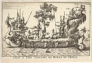 Calais and Zetes led by Boreas and Oreithyia (Calai e Zeti condotti da Borea et Oritia), with female-headed sea creatures at the prow and stern, and a tree at shipdeck center, from the series 'The magnificent pageant on the river Arno in Florence for the marriage of the Grand Duke' (Le Magnifique carousel fait sur le fleuve de l'Arne a Florence, pour le mariage du Grand Duc), for the wedding celebration of Cosimo de' Medici in Florence, 1608 by Giulio Parigi|Anonymous|Remigio Cantagallina|Jean Sauvé