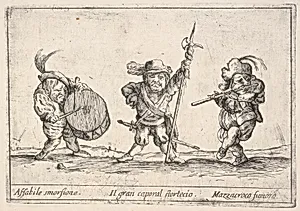 Callot figures; a dwarf man playing the drum at left, a beefeater in center, a flute player to right,'Six grotesques' (Six pièces de figures grotesques) by François Collignon|Stefano della Bella|Agostino Mitelli II