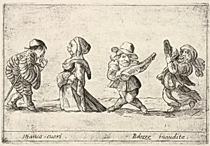 Callot figures; a well-dressed dwarf man to left declaring his love to an old dwarf woman to left, a dwarf man playing the guitar and a dwarf woman dancing with a tambourine to right, from 'Six grotesques' (Six pièces de figures grotesques) by François Collignon|Stefano della Bella|Agostino Mitelli II