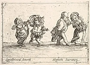 Callot figures; an old dwarf woman dancing with a young dwarf man to left, an old dwarf man touching the shoulder of a young, smiling dwarf woman, from 'Six grotesques' (Six pièces de figures grotesques) by François Collignon|Stefano della Bella|Agostino Mitelli II