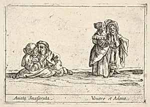 Callot figures; two seated dwarf lovers to left, the woman holding a fan, an old dwarf woman, in profile towards the right, standing with a dwarf man with long hair to right, from 'Six grotesques' (Six pièces de figures grotesques) by François Collignon|Stefano della Bella|Agostino Mitelli II