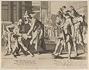 Cambyses Commanding the Flaying of the Judge Sisamnes, from Thronus Justitiae, tredecim pulcherrimus tabulis..., plate 6 by Joachim Wtewael|Willem van Swanenburg|Christoffel van Sichem I