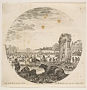 Campo Vaccino, a buffalo and two shepherds in center, the Fontanone to right in the middle ground, various animals and people in the background, plate 2 from "Roman landscapes and ruins" (Paysages et ruines de Rome) by Stefano della Bella|François Langlois
